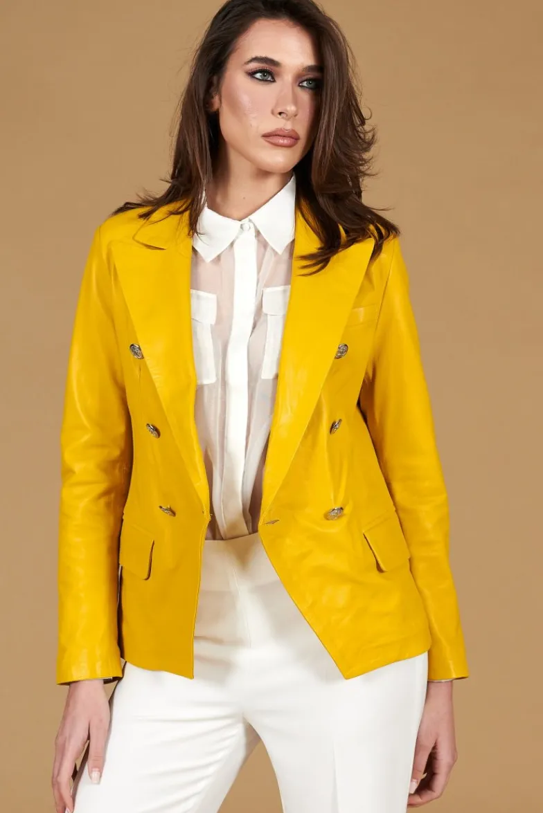 Donna D'Arienzo Kelly - Giacca blazer doppio petto in pelle naturale gialla