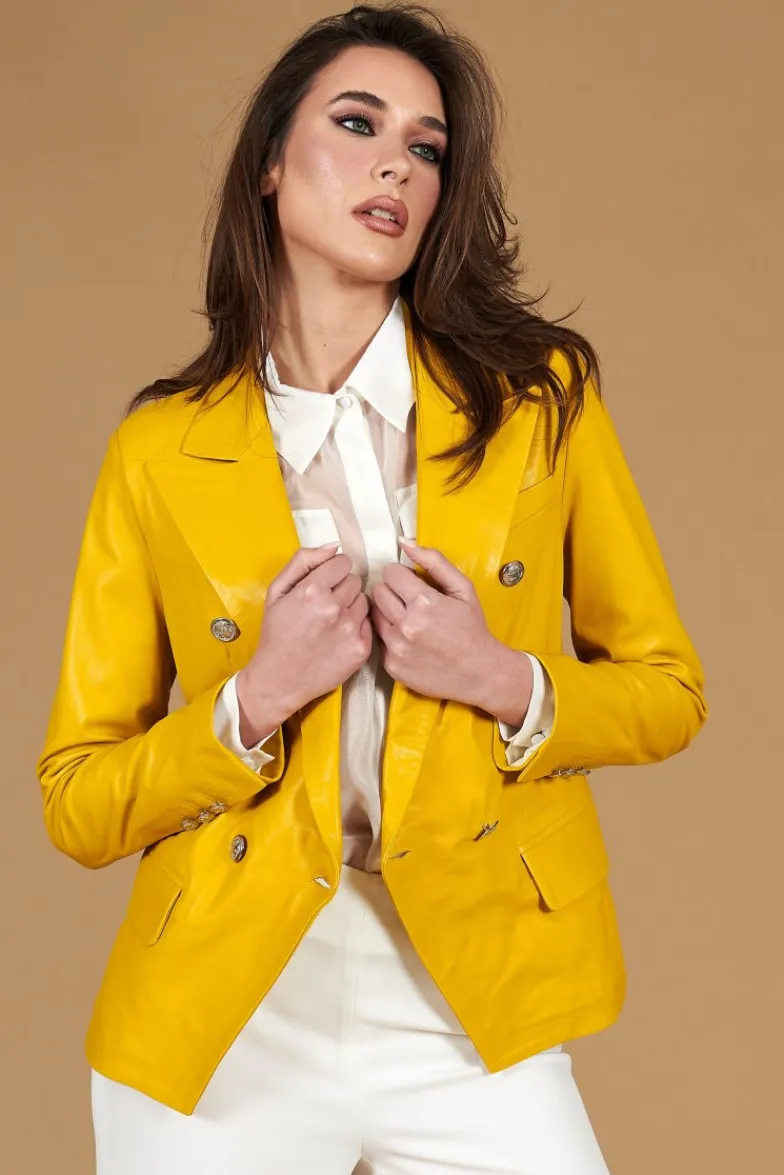 Donna D'Arienzo Kelly - Giacca blazer doppio petto in pelle naturale gialla