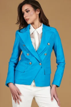 Donna D'Arienzo Kelly - Giacca blazer doppio petto in pelle naturale azzurra