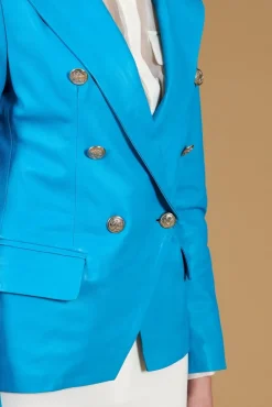 Donna D'Arienzo Kelly - Giacca blazer doppio petto in pelle naturale azzurra