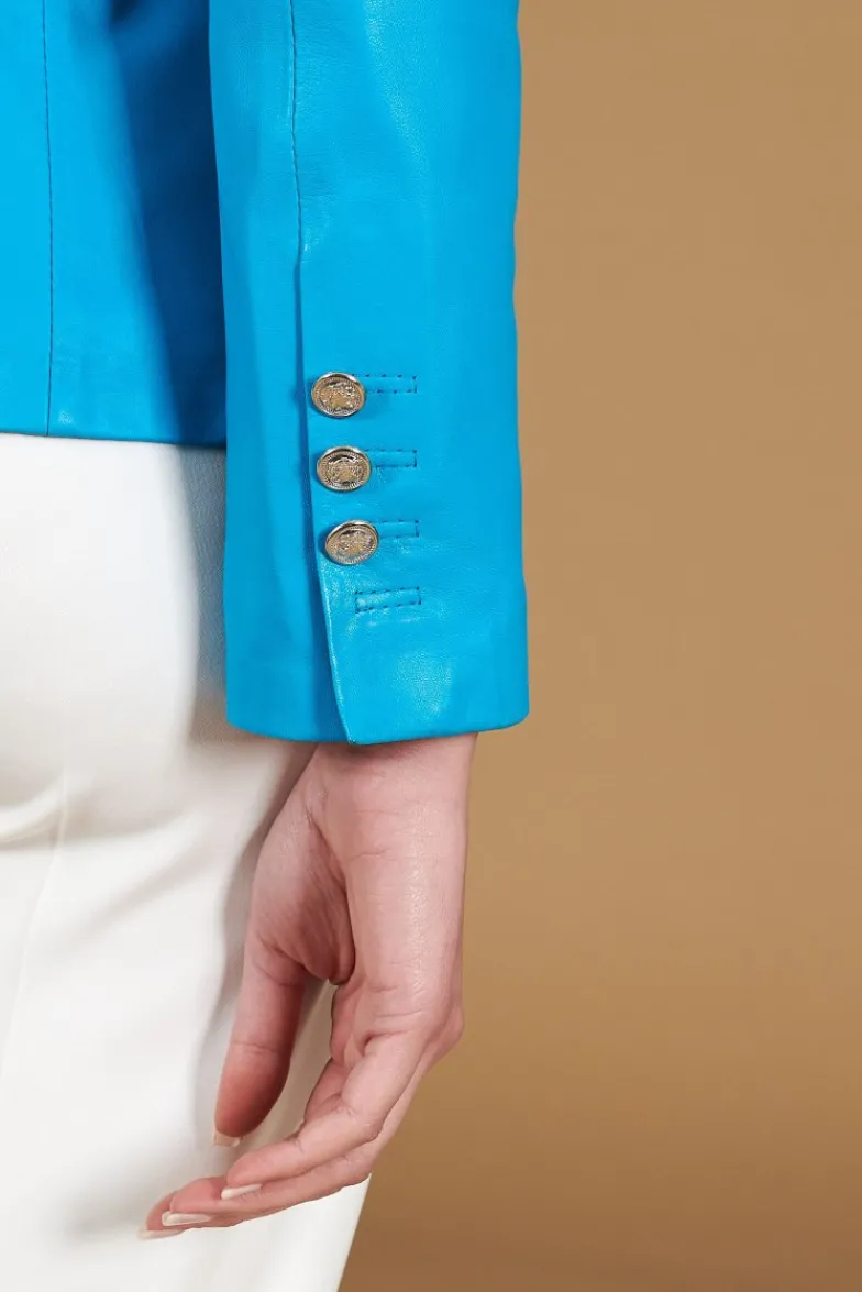 Donna D'Arienzo Kelly - Giacca blazer doppio petto in pelle naturale azzurra