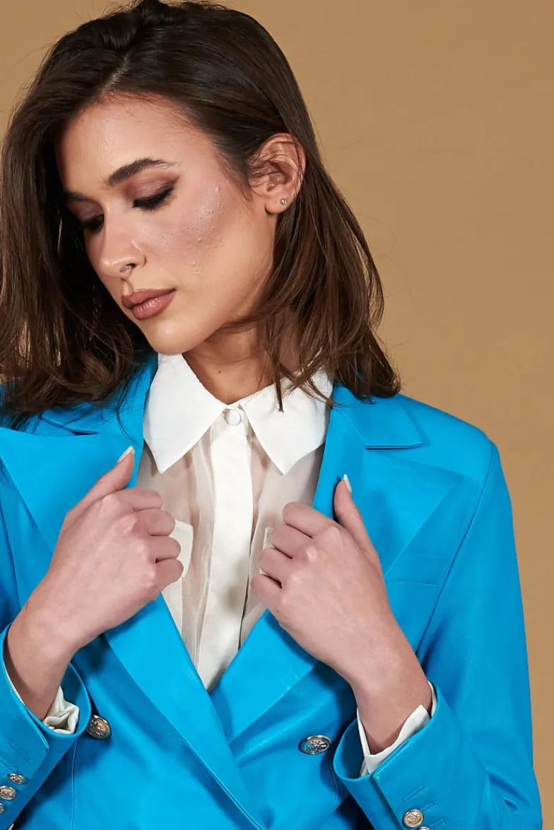 Donna D'Arienzo Kelly - Giacca blazer doppio petto in pelle naturale azzurra