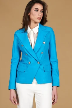 Donna D'Arienzo Kelly - Giacca blazer doppio petto in pelle naturale azzurra