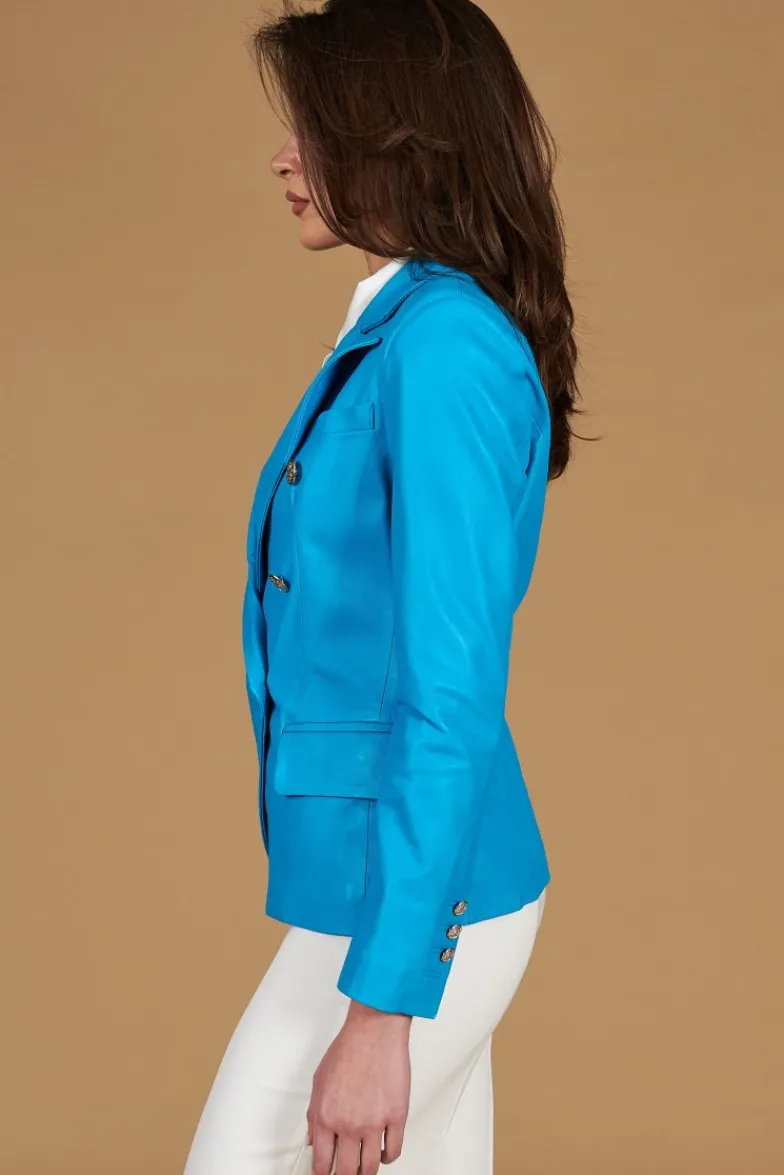 Donna D'Arienzo Kelly - Giacca blazer doppio petto in pelle naturale azzurra
