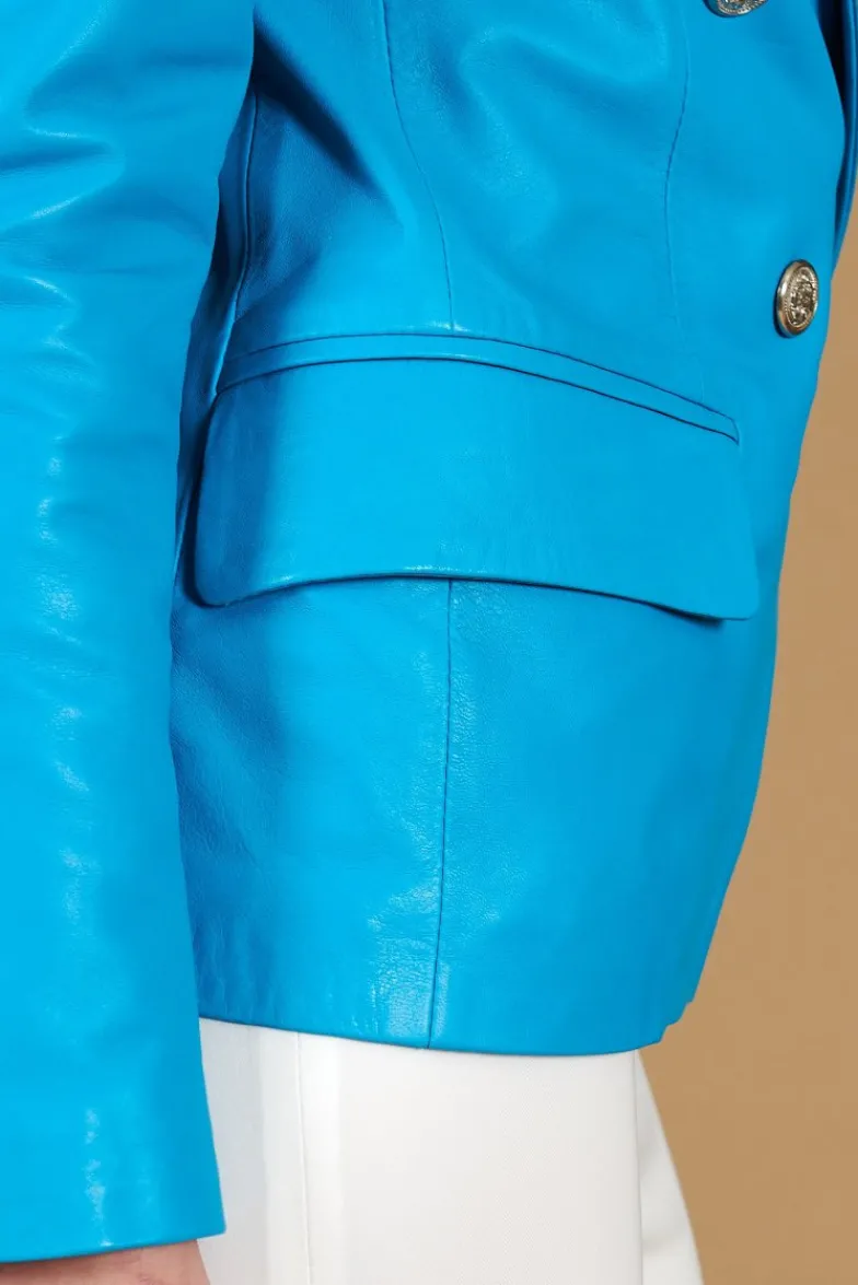 Donna D'Arienzo Kelly - Giacca blazer doppio petto in pelle naturale azzurra