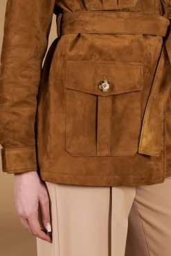 Donna D'Arienzo Kerry - Giacca sahariana in camoscio color cuoio con cintura