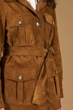 Donna D'Arienzo Kerry - Giacca sahariana in camoscio color cuoio con cintura