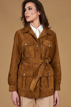 Donna D'Arienzo Kerry - Giacca sahariana in camoscio color cuoio con cintura
