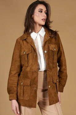 Donna D'Arienzo Kerry - Giacca sahariana in camoscio color cuoio con cintura