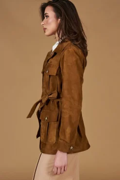Donna D'Arienzo Kerry - Giacca sahariana in camoscio color cuoio con cintura