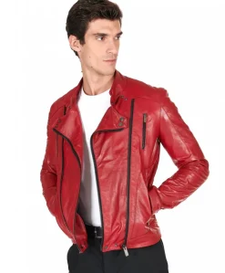 Uomo D'Arienzo Kevin - Chiodo in pelle vintage rossa doppia chiusura sinistra e destra