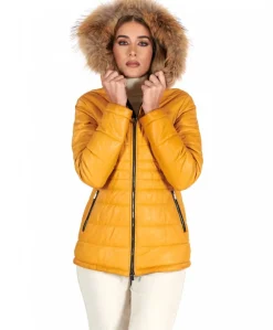 Donna D'Arienzo Ladies - Piumino in pelle ocra con cappuccio pelliccia effetto liscio