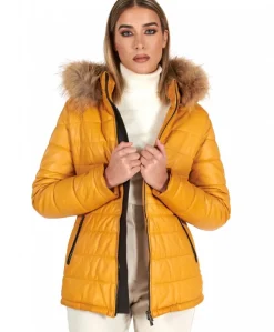 Donna D'Arienzo Ladies - Piumino in pelle ocra con cappuccio pelliccia effetto liscio