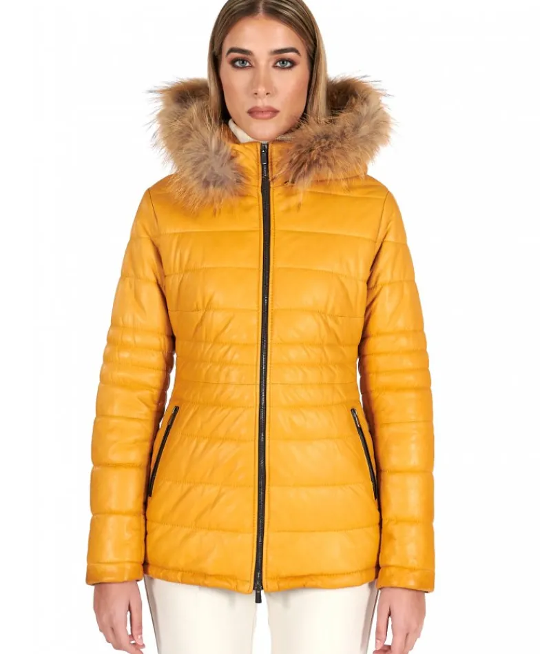 Donna D'Arienzo Ladies - Piumino in pelle ocra con cappuccio pelliccia effetto liscio