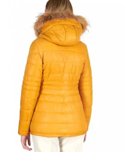 Donna D'Arienzo Ladies - Piumino in pelle ocra con cappuccio pelliccia effetto liscio