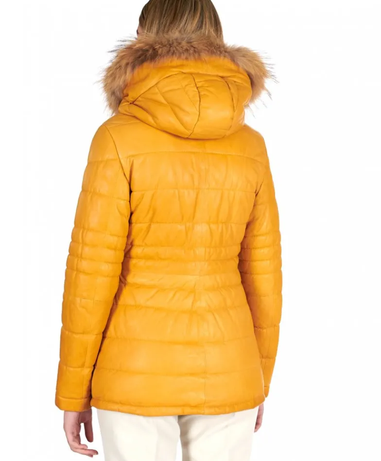 Donna D'Arienzo Ladies - Piumino in pelle ocra con cappuccio pelliccia effetto liscio