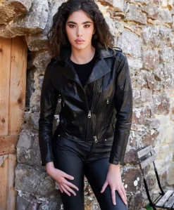 Donna D'Arienzo Laila - Giacca chiodo in pelle nera lavata doppia cerniera funzionale