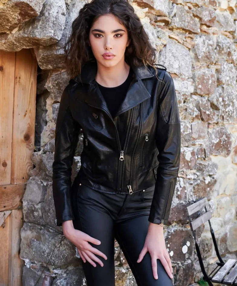 Donna D'Arienzo Laila - Giacca chiodo in pelle nera lavata doppia cerniera funzionale