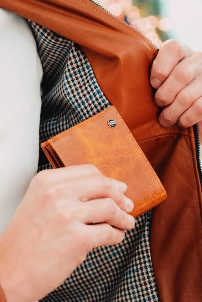 D'Arienzo Larry - Portafoglio classico in pelle color cuoio compatto pieghevole due ante