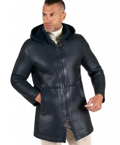 Uomo D'Arienzo Liam - Cappotto montone blu Shearling uomo cappuccio staccabile