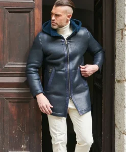 Uomo D'Arienzo Liam - Cappotto montone blu Shearling uomo cappuccio staccabile