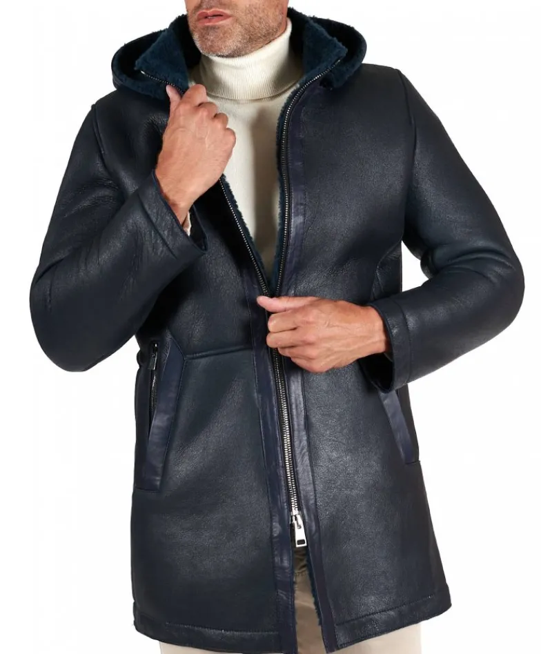 Uomo D'Arienzo Liam - Cappotto montone blu Shearling uomo cappuccio staccabile