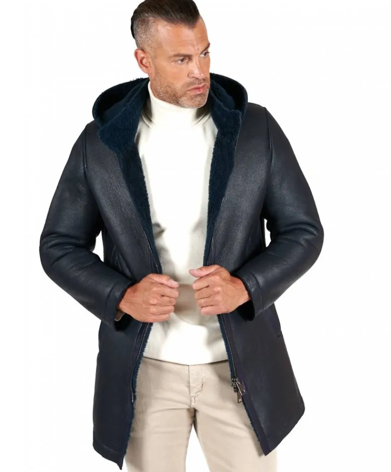 Uomo D'Arienzo Liam - Cappotto montone blu Shearling uomo cappuccio staccabile