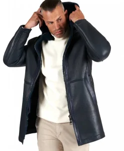 Uomo D'Arienzo Liam - Cappotto montone blu Shearling uomo cappuccio staccabile