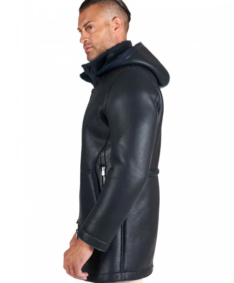 Uomo D'Arienzo Liam - Cappotto montone blu Shearling uomo cappuccio staccabile