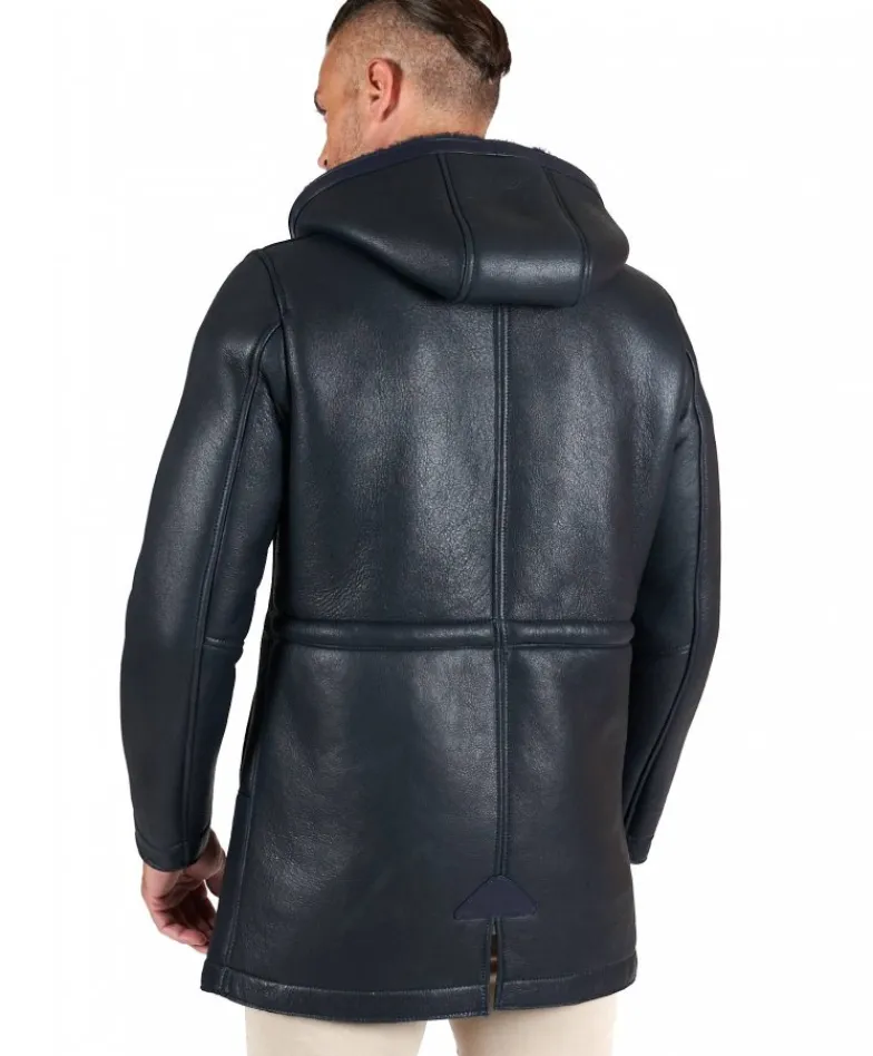 Uomo D'Arienzo Liam - Cappotto montone blu Shearling uomo cappuccio staccabile