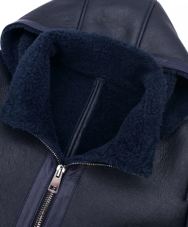 Uomo D'Arienzo Liam - Cappotto montone blu Shearling uomo cappuccio staccabile