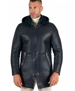 Uomo D'Arienzo Liam - Cappotto montone blu Shearling uomo cappuccio staccabile
