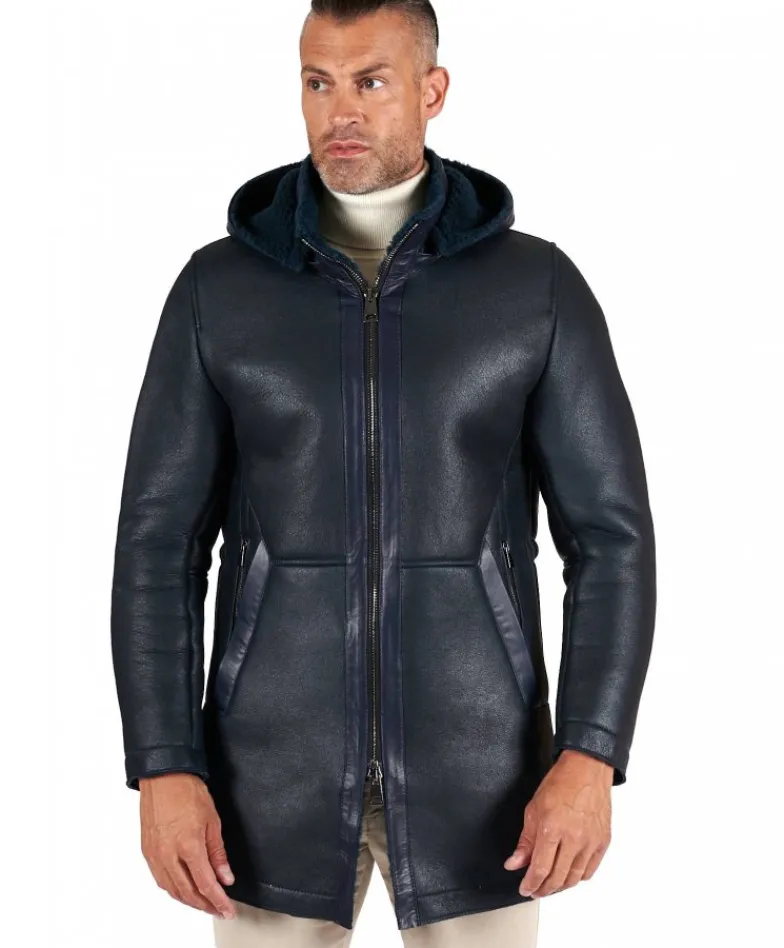 Uomo D'Arienzo Liam - Cappotto montone blu Shearling uomo cappuccio staccabile