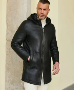 Uomo D'Arienzo Liam - Cappotto montone nero Shearling uomo cappuccio staccabile