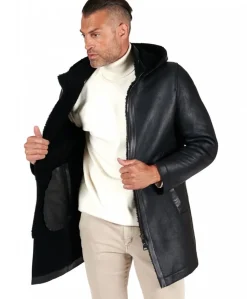 Uomo D'Arienzo Liam - Cappotto montone nero Shearling uomo cappuccio staccabile
