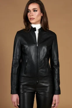 Donna D'Arienzo Linda - Giacca biker in pelle nera nappa effetto liscio