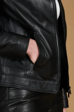 Donna D'Arienzo Linda - Giacca biker in pelle nera nappa effetto liscio