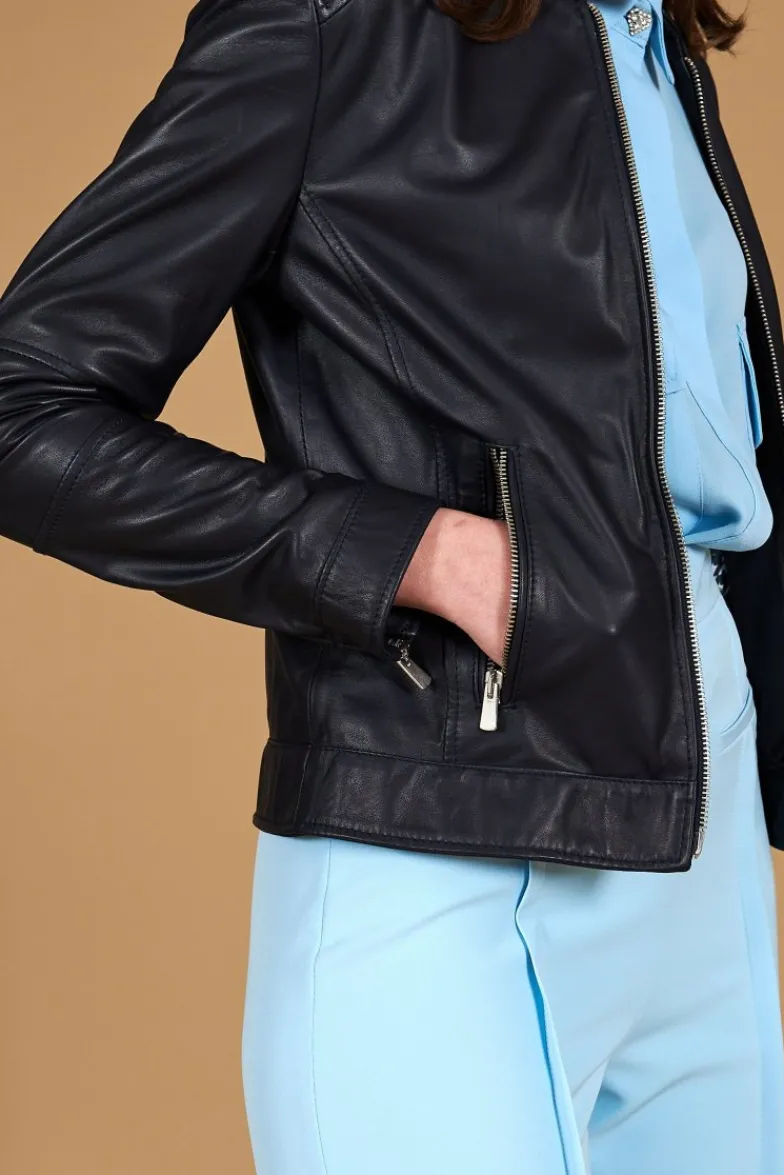 Donna D'Arienzo Linda - Giacca biker in pelle naturale blu avion effetto liscio