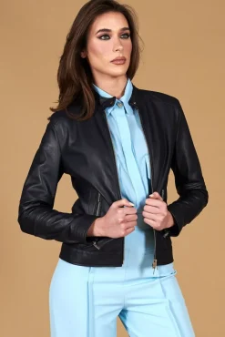 Donna D'Arienzo Linda - Giacca biker in pelle naturale blu avion effetto liscio