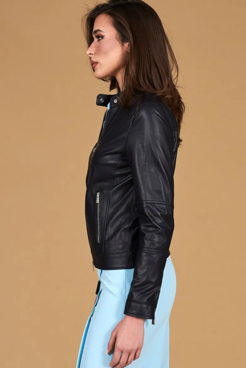 Donna D'Arienzo Linda - Giacca biker in pelle naturale blu avion effetto liscio