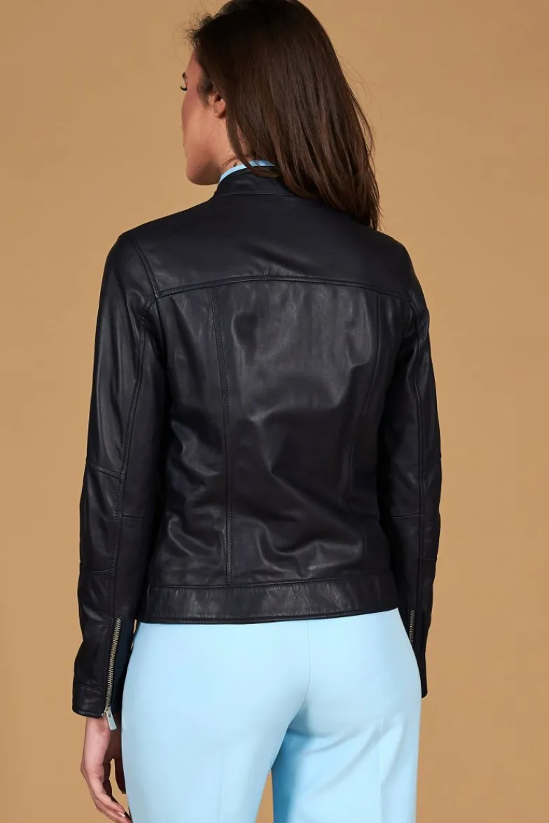 Donna D'Arienzo Linda - Giacca biker in pelle naturale blu avion effetto liscio