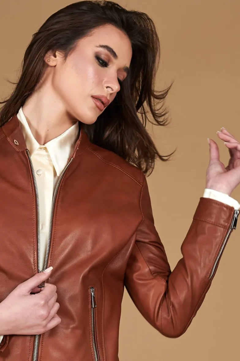 Donna D'Arienzo Linda - Giacca biker in pelle cuoio effetto vintage
