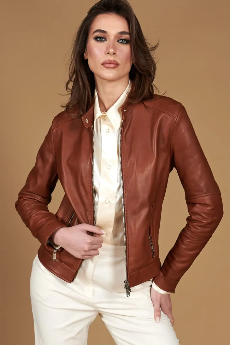 Donna D'Arienzo Linda - Giacca biker in pelle cuoio effetto vintage