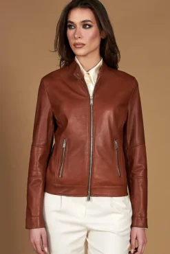 Donna D'Arienzo Linda - Giacca biker in pelle cuoio effetto vintage