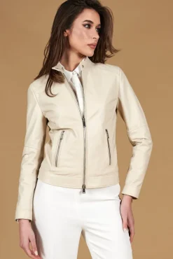 Donna D'Arienzo Linda - Giacca biker in pelle color crema effetto liscio due tasche