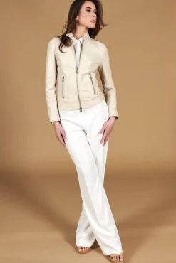 Donna D'Arienzo Linda - Giacca biker in pelle color crema effetto liscio due tasche
