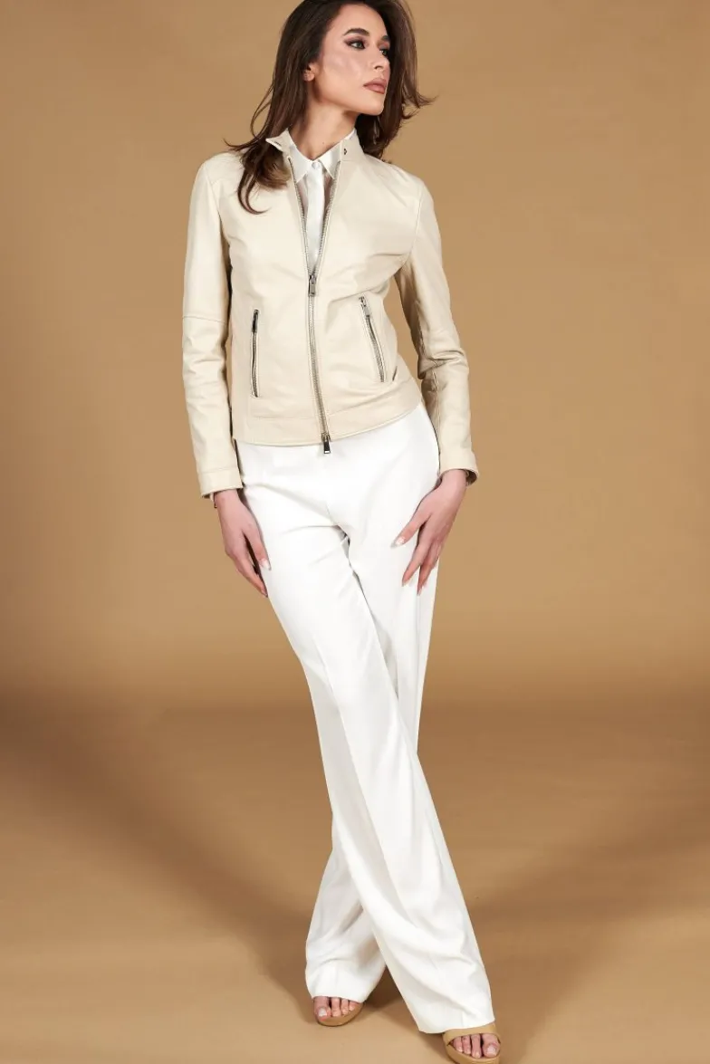 Donna D'Arienzo Linda - Giacca biker in pelle color crema effetto liscio due tasche
