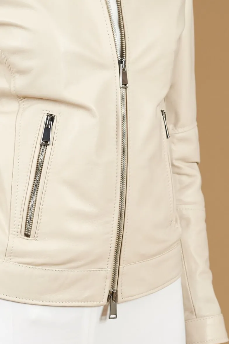 Donna D'Arienzo Linda - Giacca biker in pelle color crema effetto liscio due tasche