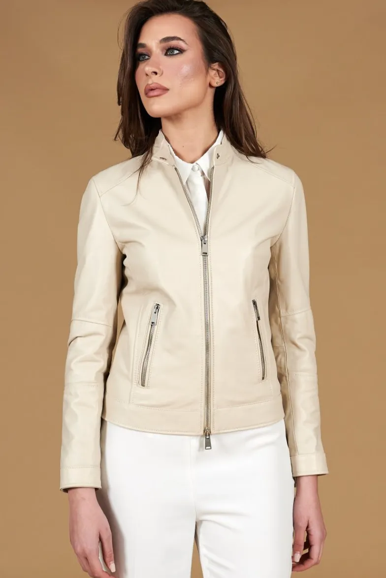 Donna D'Arienzo Linda - Giacca biker in pelle color crema effetto liscio due tasche