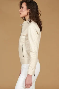Donna D'Arienzo Linda - Giacca biker in pelle color crema effetto liscio due tasche